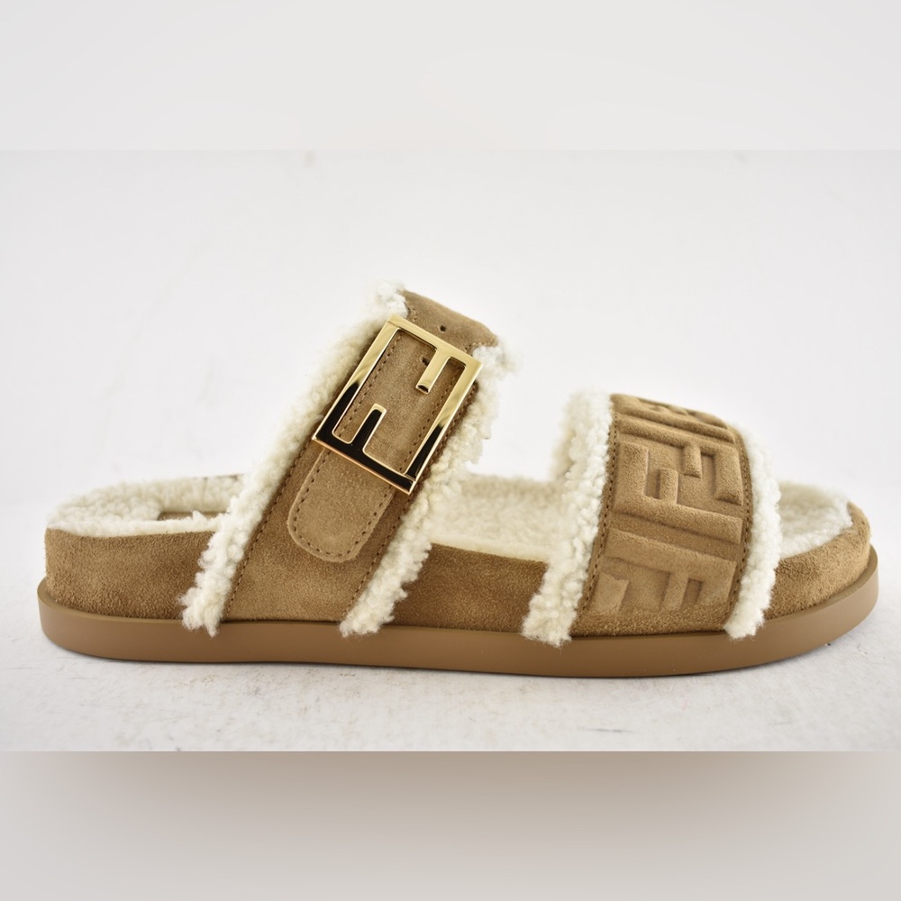 Fendi Feel Slide Shearling Fur Lined Bronze Monogram Logo Mule Flat Sandal 39 - Picture 2 of 16